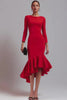 Red Satin Long Sleeves Mermaid Midi Work Dress with Ruffles